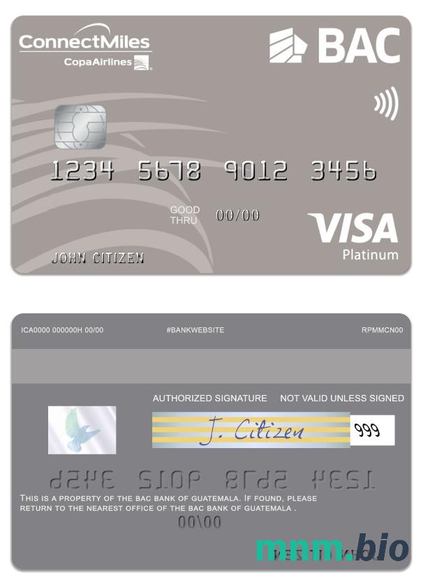 Guatemala BAC Bank visa platyna karta przykład w formacie PSD
